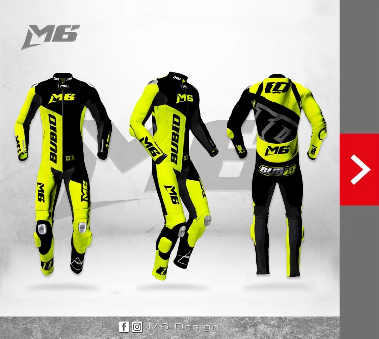 Tuta moto M6 Design con una combinazione di colori nero e giallo neon, mostrata da diverse angolazioni per mettere in evidenza le grafiche personalizzate e il logo M6. Questo abbigliamento da motocross su misura riflette uno stile dinamico e moderno, essenziale per l'abbigliamento enduro e off-road. La tuta è progettata per massimizzare sia l'estetica che la funzionalità, garantendo che ogni pilota si distingua in pista con una tuta moto personalizzata e guanti moto abbinati.